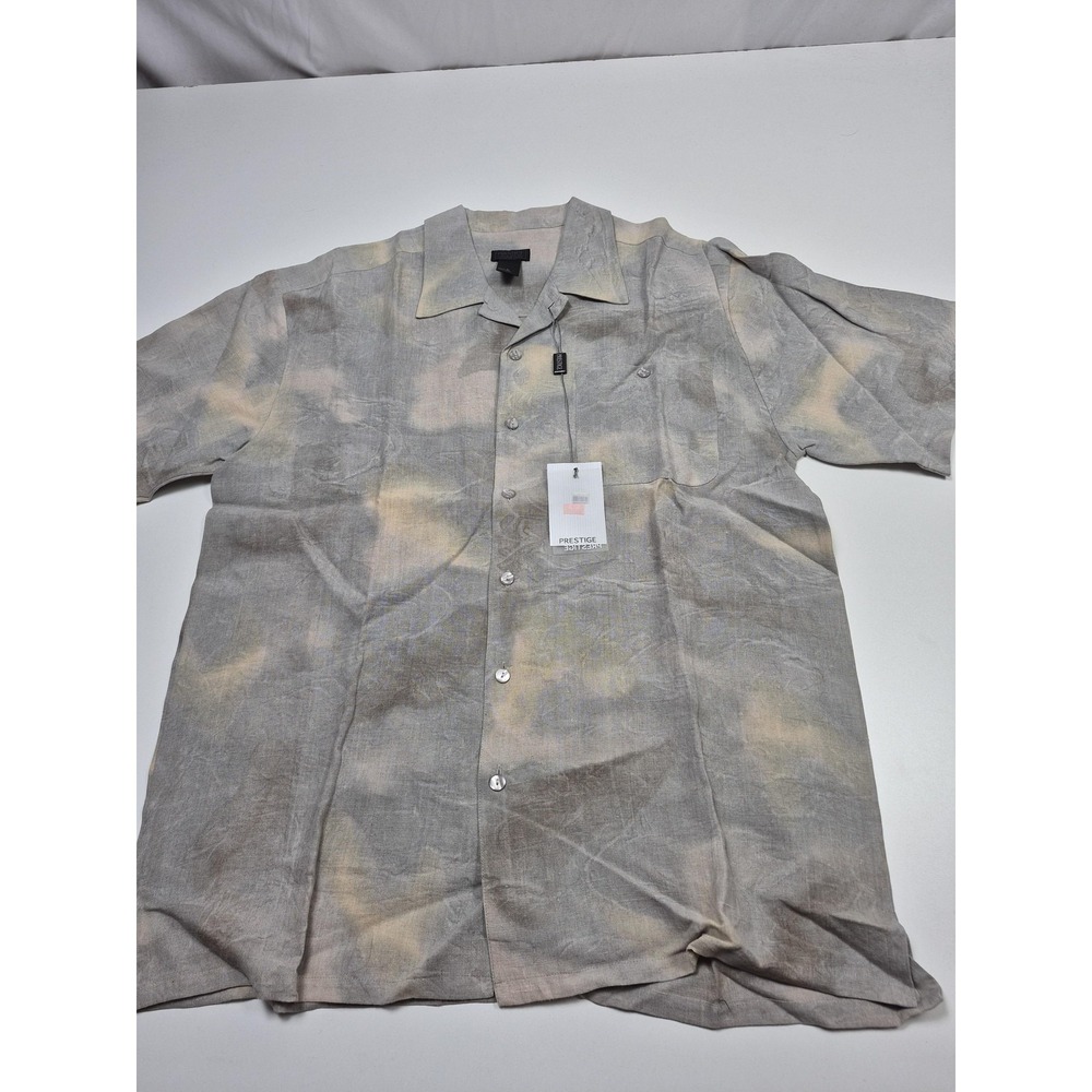 Prestige Shirt Mens L Silver Solid Linen Short Sleeve Button Up Casual Summer